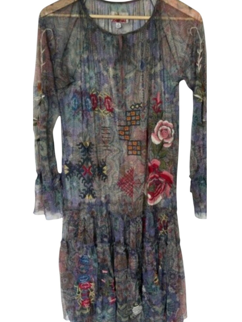 Johnny Was Biya Wilde Mesh Red Floral Embroidered Abstract Feminine Dress Sz XS